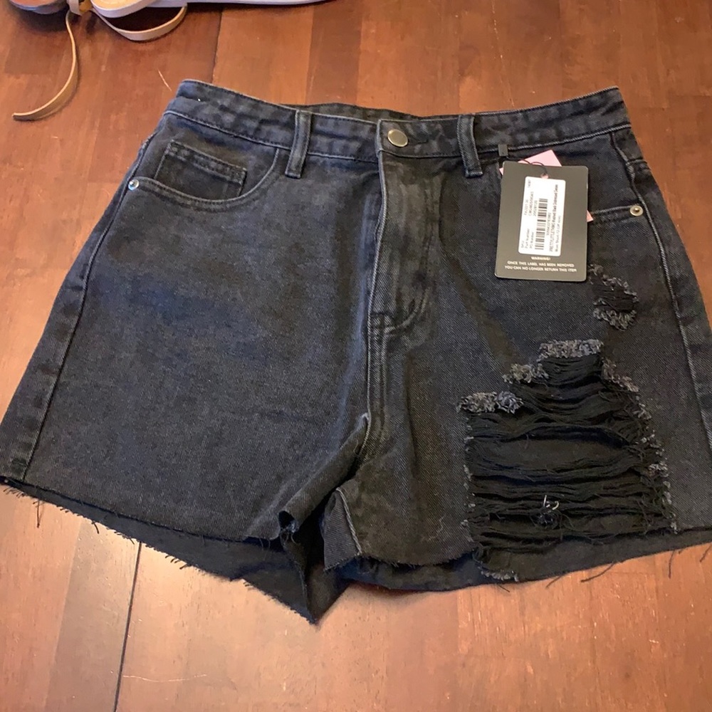 Black distressed wash jean shorts